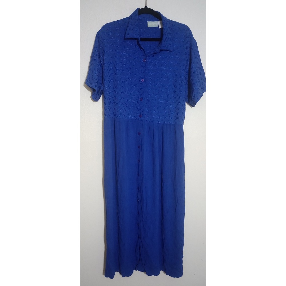 Vintage 220 Hickory Blue Embroidered Button Front Maxi Dress XL Cottagecore